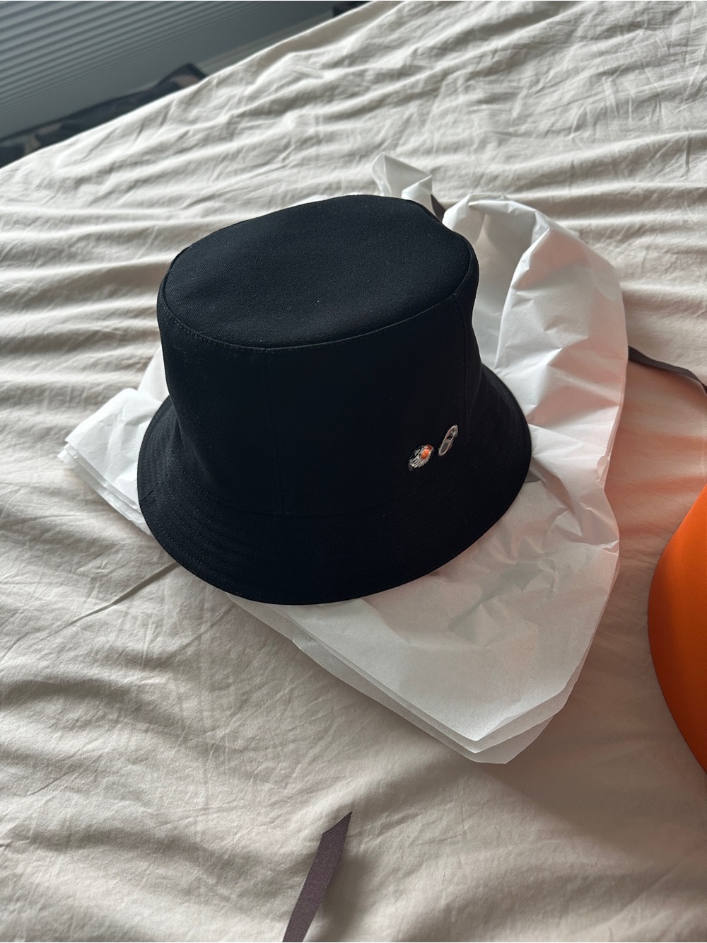 Hermes Black Bucket Hat with Silver Eyelet Details